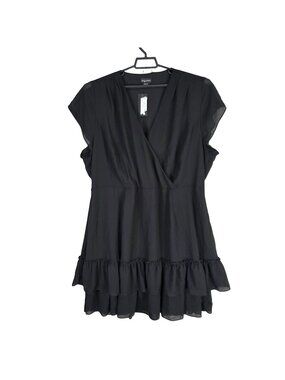 Womens City Chic Black Ruffle Hem Wrap Dress V-Neck 100% Polyester Size XXL